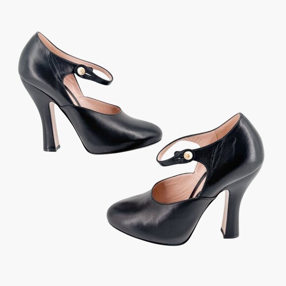Gucci Lesley Mary Jane Pumps Size 37.5  US 7.5 Black Leather High Heel GG Pearl - Picture 9 of 15